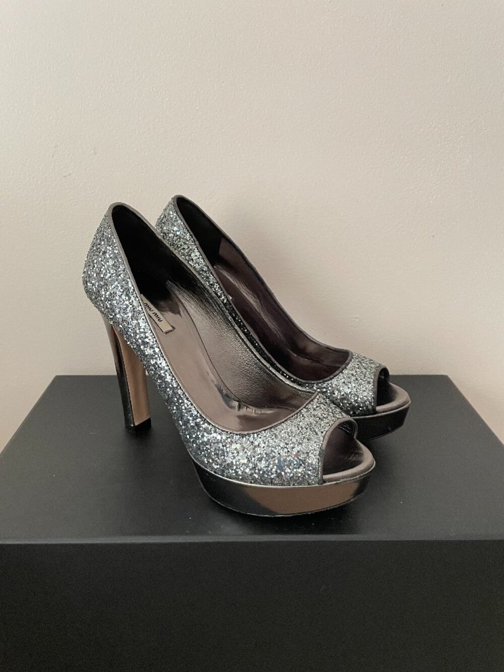 MIU MIU Leather Glitter Platform High Heels